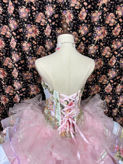 Dramatic Strapless A-Line Tiered Evening Dresses Handmade Flowers Beaded Crystals Applique Prom Dress AP2535