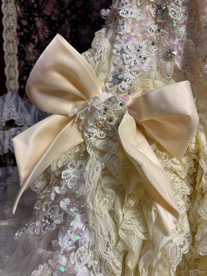 Luxurious Strapless A-Line Evening Dresses Bows Beaded Rhinestone Applique Lace Prom Dress AP2536