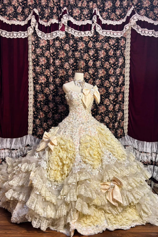 Luxurious Strapless A-Line Evening Dresses Bows Beaded Rhinestone Applique Lace Prom Dress AP2536