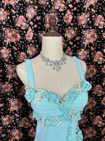 Gorgeous Spaghetti Strap Sheath Evening Gowns Ruffles Slit Appliques Beaded Prom Dress AP2537