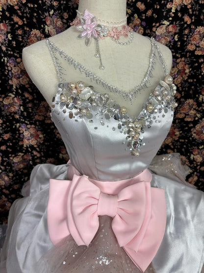 Artistic Spaghetti Strap A-Line Evening Gowns Rhinestone Beaded Bow Sequins Prom Dress AP2544