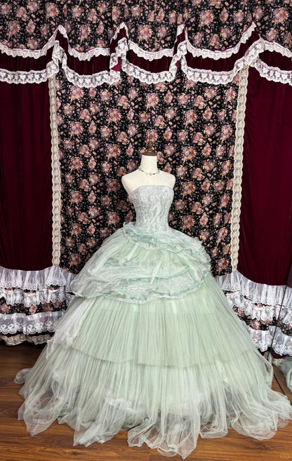 Fashionable A-Line Strapless Evening Dresses Beaded Sequins Lace Tulle Prom Dress AP2546