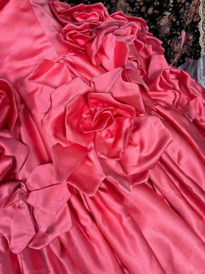 Vintage A-Line Strapless Evening Dresses Handmade Flowers Satin Prom Dress AP2549