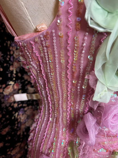 Romantic Spaghetti Strap Sheath Ruched Evening Gowns Sequins Beading Handmade Flowers Prom Dress AP2550