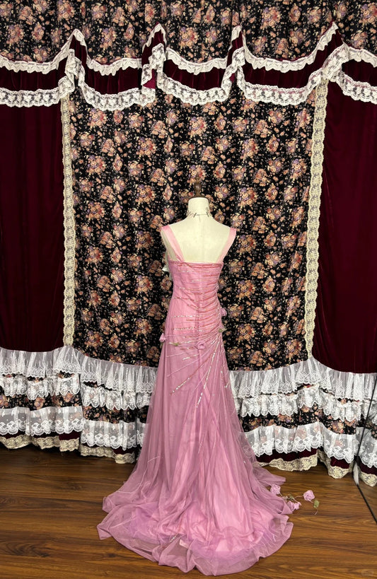 Romantic Spaghetti Strap Sheath Ruched Evening Gowns Sequins Beading Handmade Flowers Prom Dress AP2550