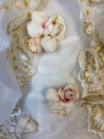 Sweet Spaghetti Strap A-Line Ruffled Evening Gowns Appliques Beading Handmade Flowers Prom Dress AP2552