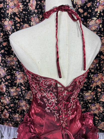 Unique Halter Neck A-Line Ruffled Evening Gowns Beaded Sequins Red Prom Dress AP2556