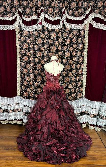 Unique Halter Neck A-Line Ruffled Evening Gowns Beaded Sequins Red Prom Dress AP2556