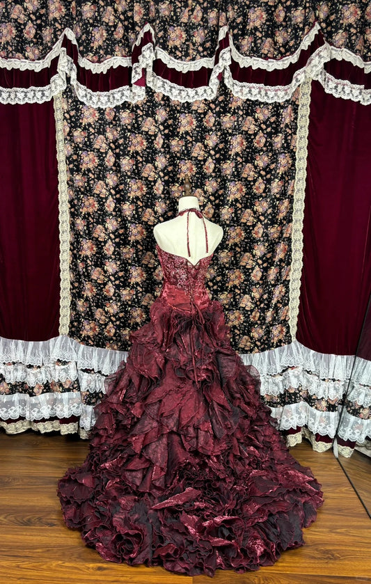 Unique Halter Neck A-Line Ruffled Evening Gowns Beaded Sequins Red Prom Dress AP2556