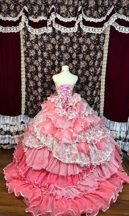 Fabulous A-Line Strapless Tiered Evening Dresses Lace Rhinestone Handmade Flowers Prom Dress AP2559