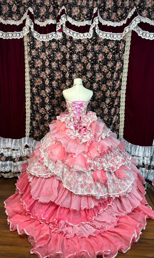 Fabulous A-Line Strapless Tiered Evening Dresses Lace Rhinestone Handmade Flowers Prom Dress AP2559