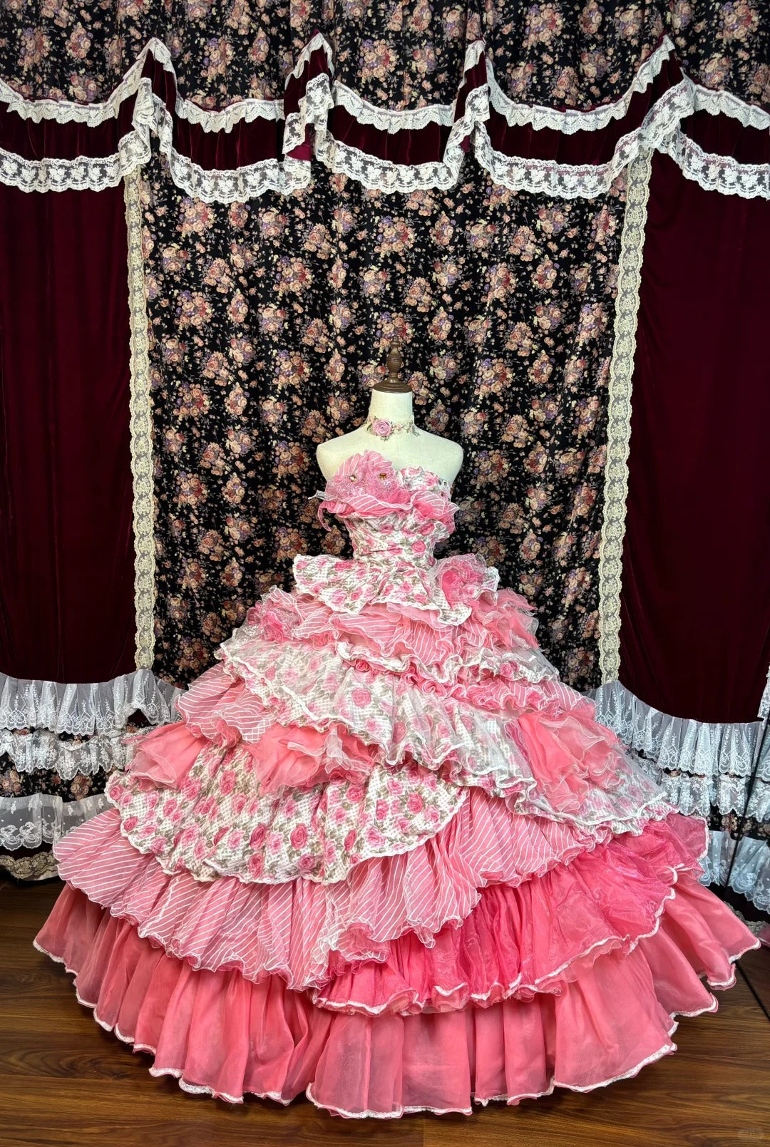 Fabulous A-Line Strapless Tiered Evening Dresses Lace Rhinestone Handmade Flowers Prom Dress AP2559