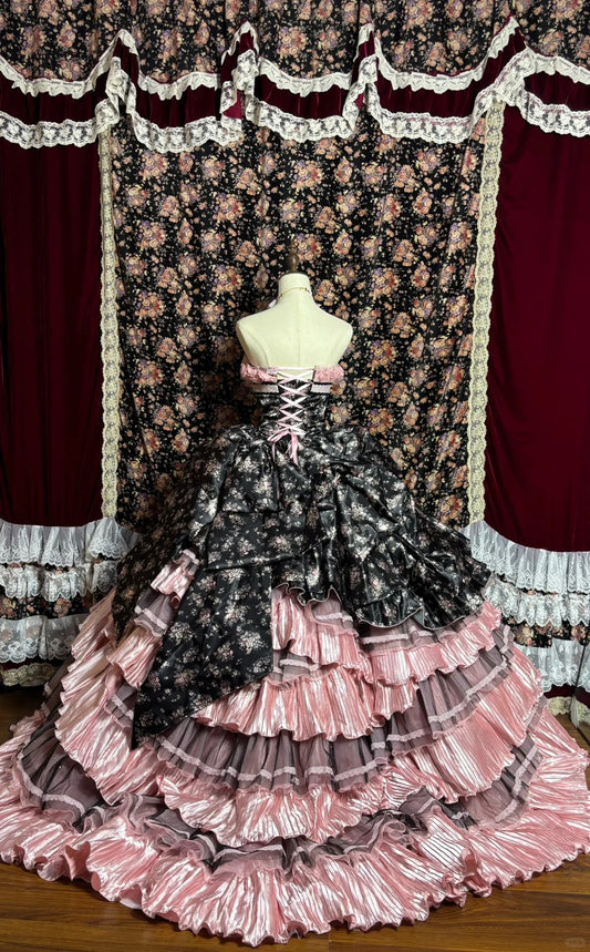 Graceful A-Line Strapless Print Evening Dresses Bow Tiered Tulle Pleated Prom Dress AP2563