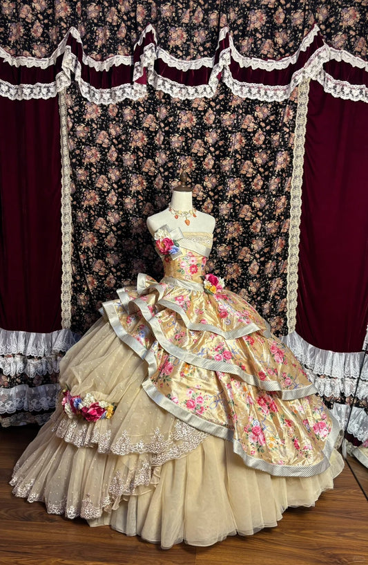 Floral Print A-Line Strapless Evening Dresses Bow Handmade Flowers Lace Tulle Prom Dress AP2569