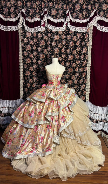 Floral Print A-Line Strapless Evening Dresses Bow Handmade Flowers Lace Tulle Prom Dress AP2569