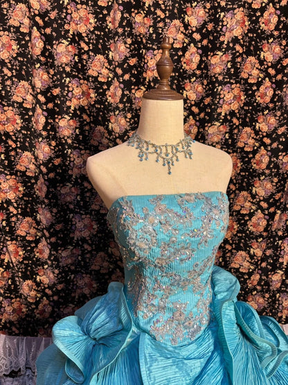 Dramatic A-Line Strapless Evening Gowns Sequins Crystals Appliques Tiered Ruffles Prom Dress AP2581