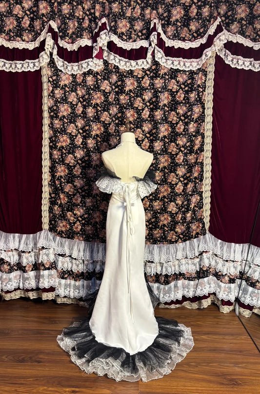 Ornate Strapless Satin Mermaid Formal Dresses Ruffled Tulle Bow Prom Dress AP2590