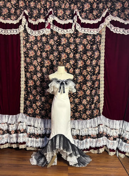 Ornate Strapless Satin Mermaid Formal Dresses Ruffled Tulle Bow Prom Dress AP2590