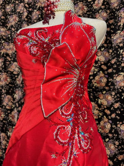 Sweet Strapless Mermaid Formal Dresses Crystals Rhinestone Sequins Red Prom Dress AP2599
