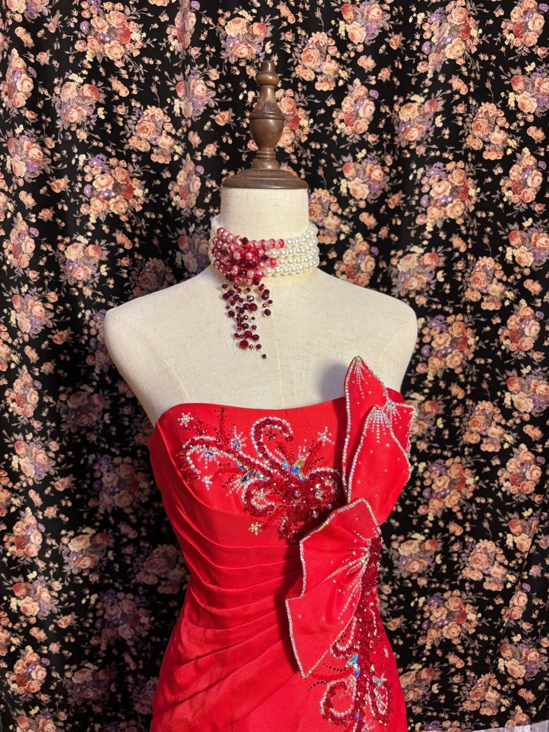 Sweet Strapless Mermaid Formal Dresses Crystals Rhinestone Sequins Red Prom Dress AP2599