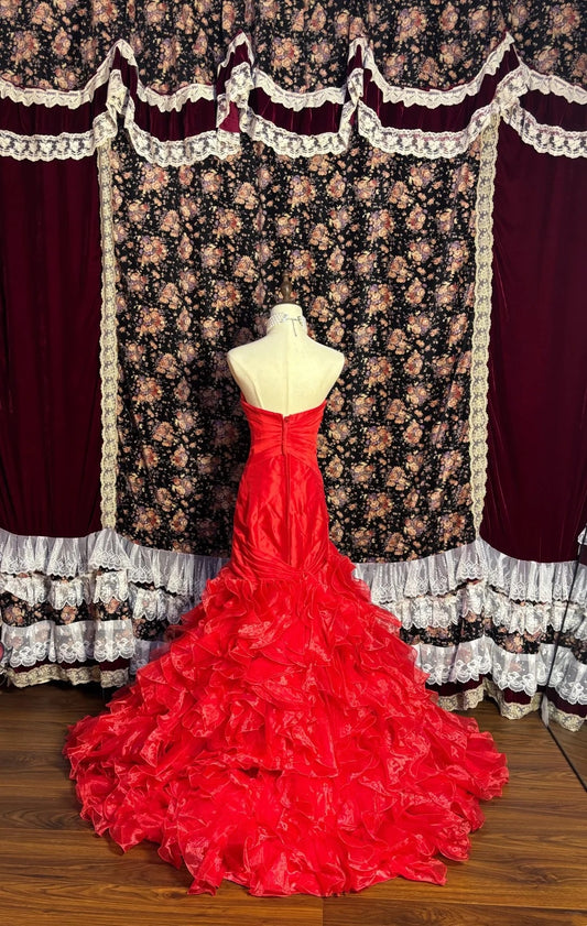 Sweet Strapless Mermaid Formal Dresses Crystals Rhinestone Sequins Red Prom Dress AP2599