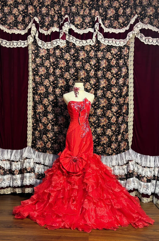 Sweet Strapless Mermaid Formal Dresses Crystals Rhinestone Sequins Red Prom Dress AP2599