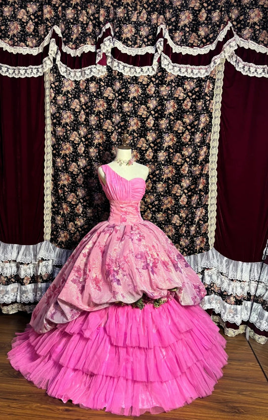 Dreamy One-Shoulder A-Line Evening Gowns Handmade Flowers Tiered Tulle Prom Dress AP2603