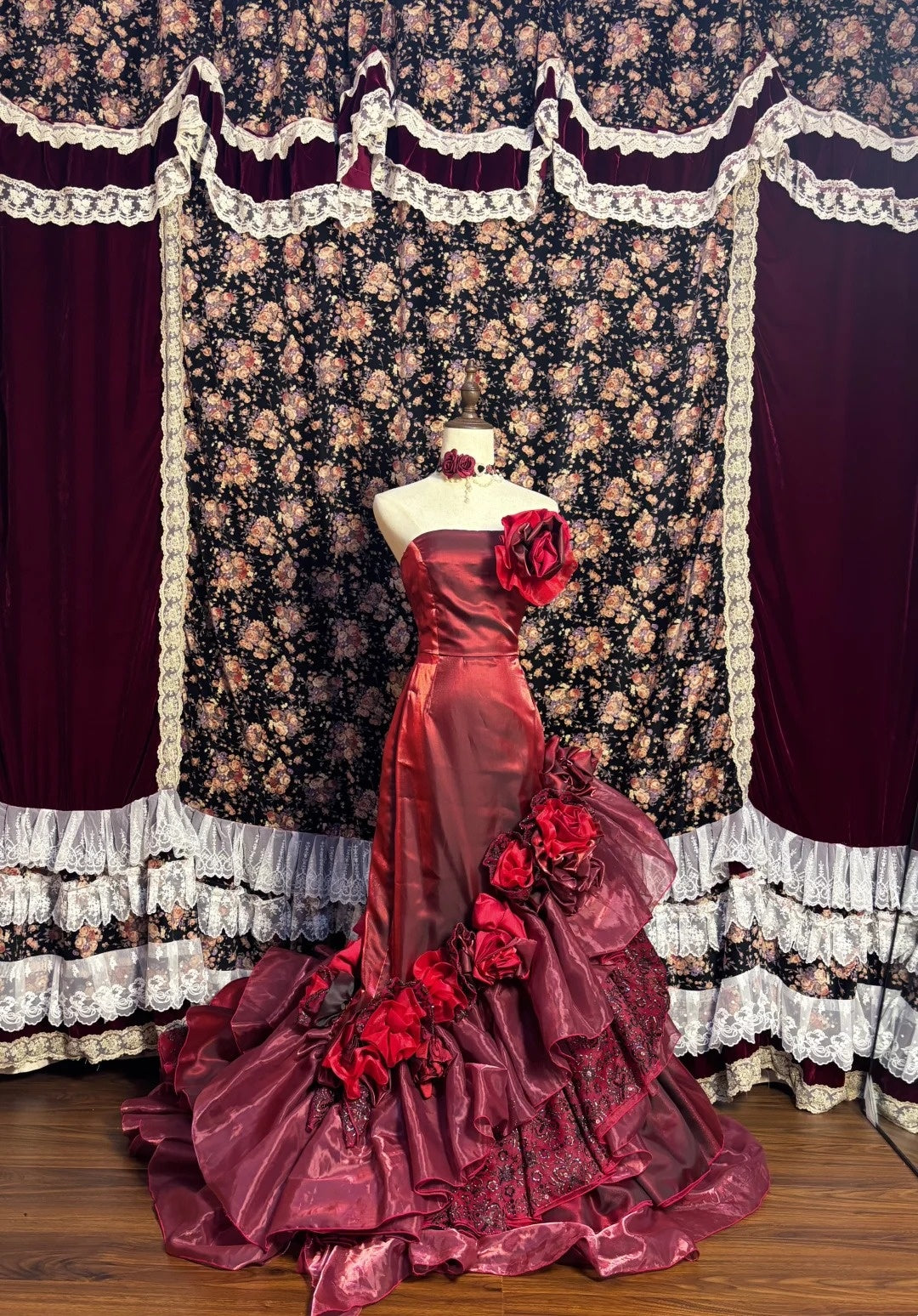 Red Strapless Ruffles Mermaid Formal Dresses Handmade Flowers Sequins Prom Dress AP2604