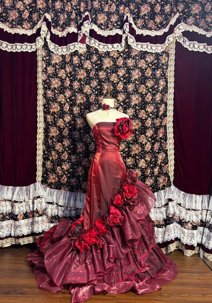 Red Strapless Ruffles Mermaid Formal Dresses Handmade Flowers Sequins Prom Dress AP2604