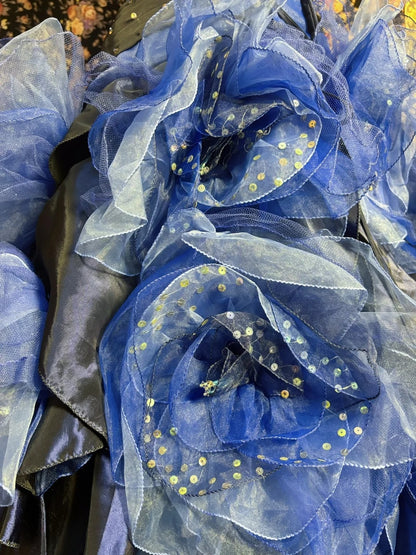 Blue Spaghetti Strap A-Line Prom Dress Applique Sequins Handmade Flowers Formal Dresses AP2617