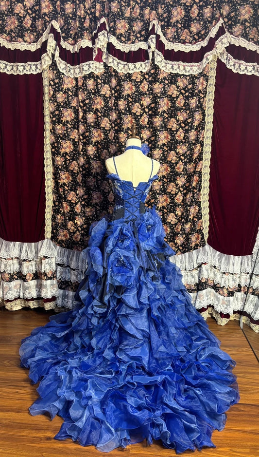 Blue Spaghetti Strap A-Line Prom Dress Applique Sequins Handmade Flowers Formal Dresses AP2617