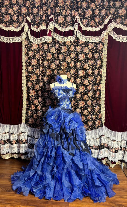 Blue Spaghetti Strap A-Line Prom Dress Applique Sequins Handmade Flowers Formal Dresses AP2617