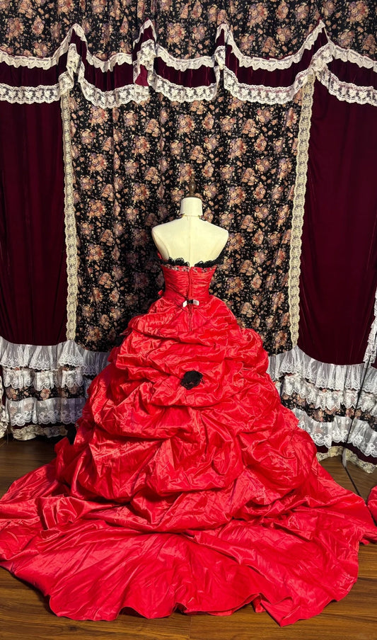 Romantic Red A-Line Strapless Evening Gowns Crystals Beaded Sequins Bow Prom Dress AP2621