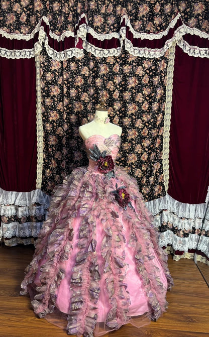 Fabulous A-Line Strapless Ruffles Evening Gowns 3D Flowers Sequins Prom Dress AP2623