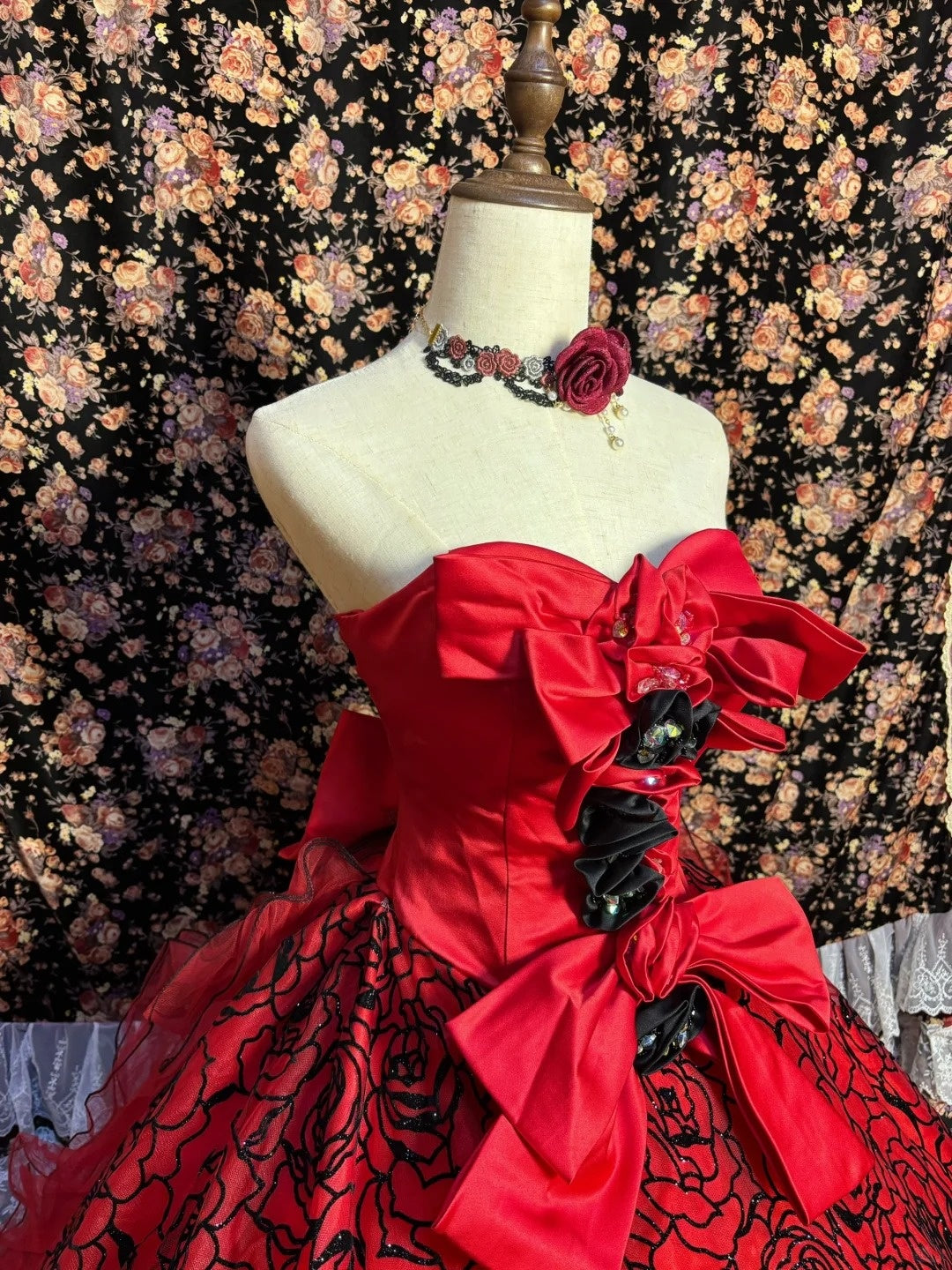 Dreamy Strapless A-Line Textured Evening Dresses Crystals Bow Red Prom Dress AP2635