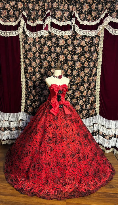 Dreamy Strapless A-Line Textured Evening Dresses Crystals Bow Red Prom Dress AP2635