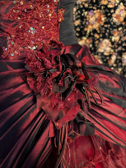 Ethereal Spaghetti Strap A-Line Prom Dress Red Sequins Handmade Flowers Applique Formal Dresses AP2636