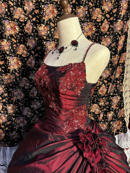 Ethereal Spaghetti Strap A-Line Prom Dress Red Sequins Handmade Flowers Applique Formal Dresses AP2636