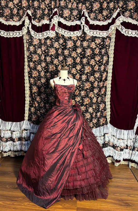 Ethereal Spaghetti Strap A-Line Prom Dress Red Sequins Handmade Flowers Applique Formal Dresses AP2636