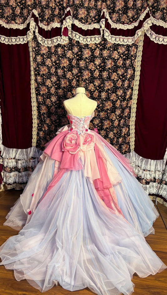 Gorgeous Strapless A-Line Evening Dresses Petals Beaded Handmade Flowers Prom Dress AP2639