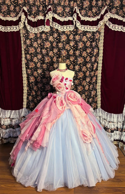 Gorgeous Strapless A-Line Evening Dresses Petals Beaded Handmade Flowers Prom Dress AP2639