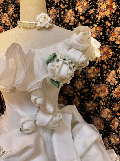 Stunning A-Line One Shoulder Ruffles Bridal Gowns Beaded Handmade Flowers Sequins Wedding Dress AP2643