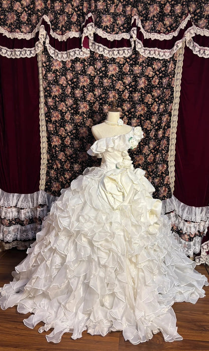 Stunning A-Line One Shoulder Ruffles Bridal Gowns Beaded Handmade Flowers Sequins Wedding Dress AP2643