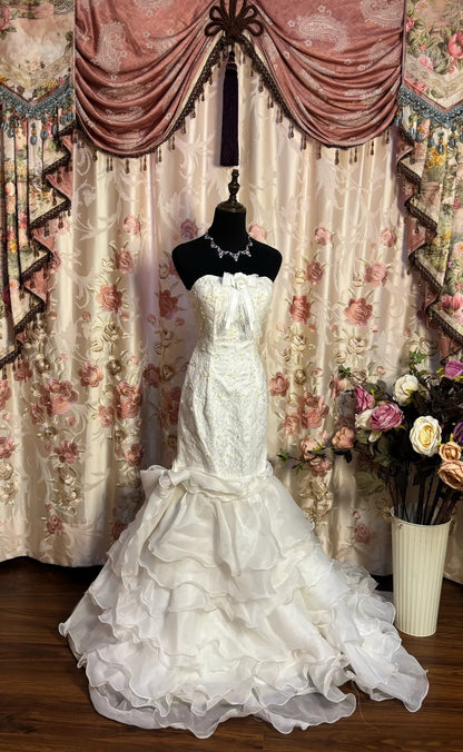 Unique Strapless Ruffled Mermaid Bridal Gowns Beaded Sequins Bow Wedding Dress AP2645