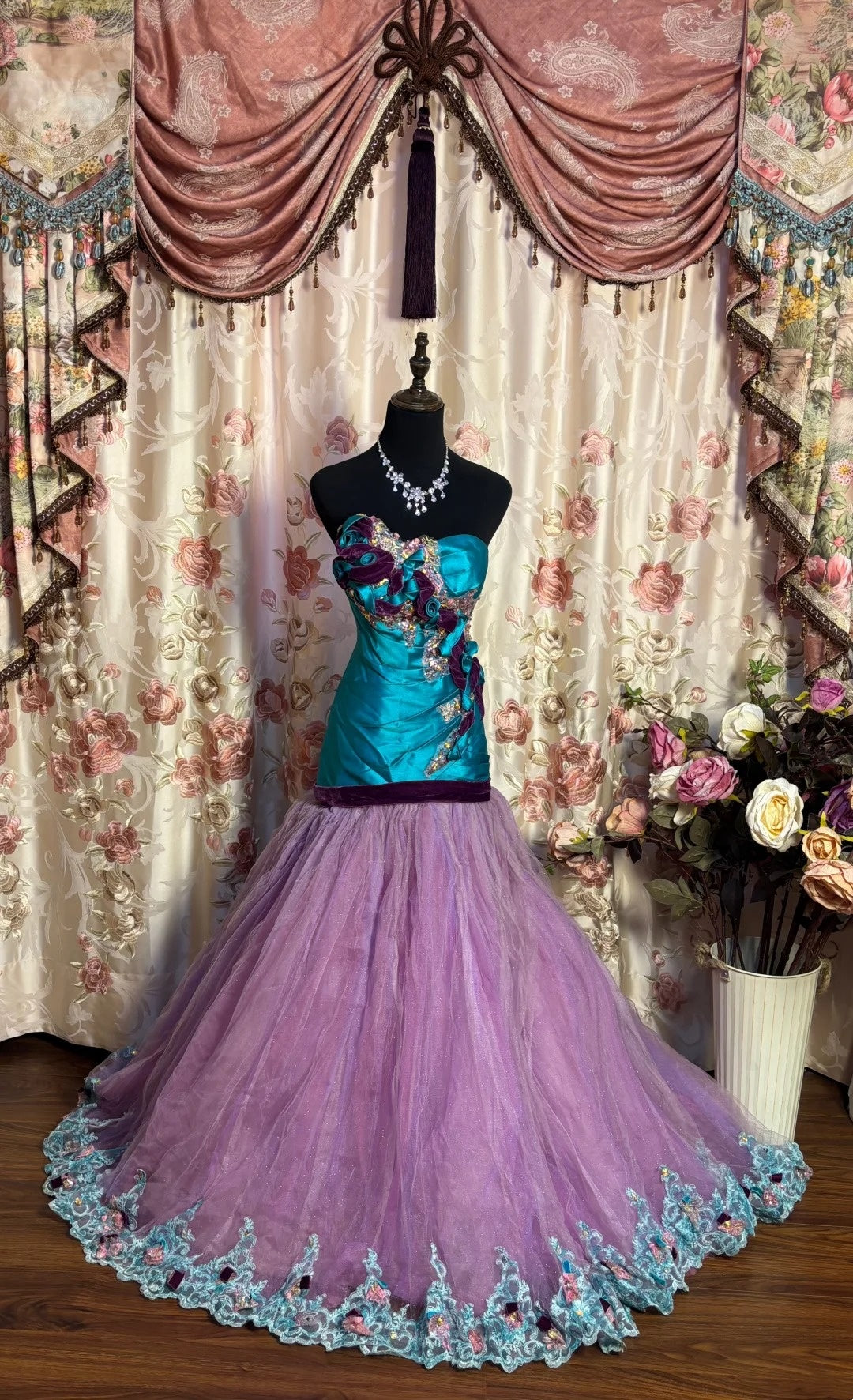 French Style Strapless A-Line Evening Dresses Sequins Beaded Handmade Flowers Prom Dress AP2647