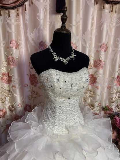 Simple Strapless A-Line Tiered Bridal Gowns Beading Sequins Crystals Wedding Dress AP2650