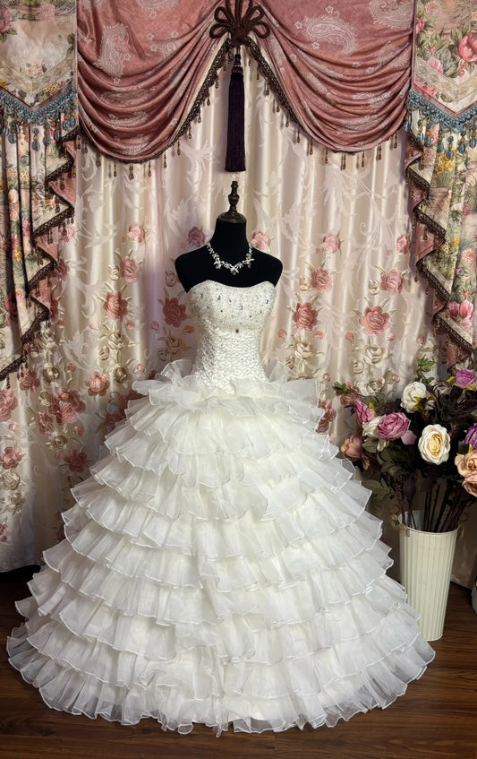 Simple Strapless A-Line Tiered Bridal Gowns Beading Sequins Crystals Wedding Dress AP2650