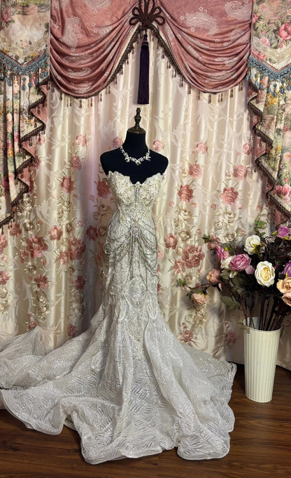 Romantic Strapless Mermaid Bridal Gowns Beading Sequins Crystals Wedding Dress AP2651