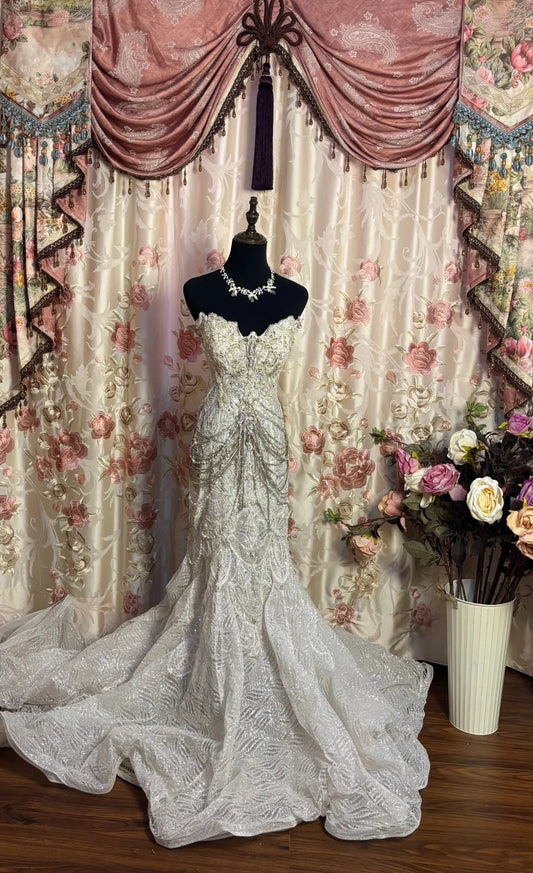 Romantic Strapless Mermaid Bridal Gowns Beading Sequins Crystals Wedding Dress AP2651