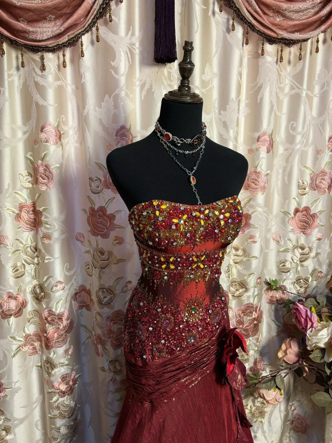 Ornate Strapless Mermaid Formal Dresses Sequins Beading Crystals Handmade Flower Prom Dress AP2652